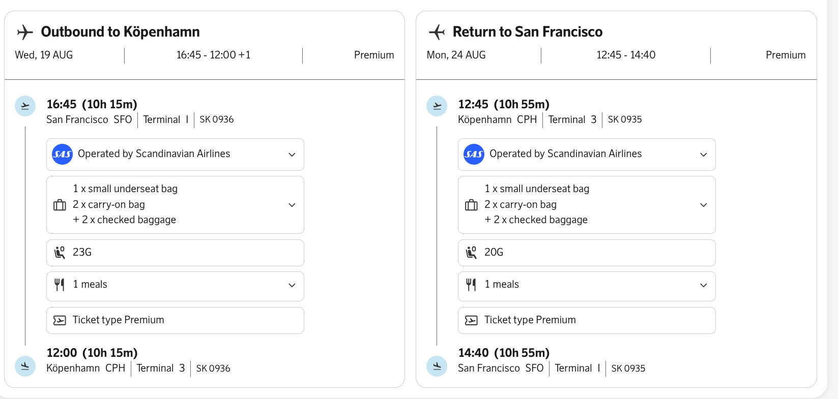 Jon Gold's booked SAS itinerary: SFO–CPH on 19 Aug and CPH–SFO on 24 Aug, Premium.